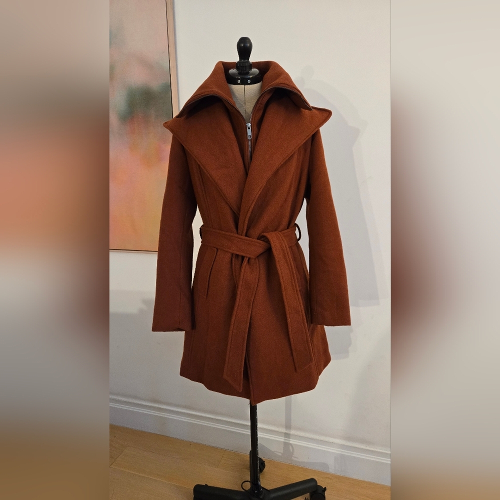 Belted Trench Coat With Dramatic Oversized Collar - Size Small